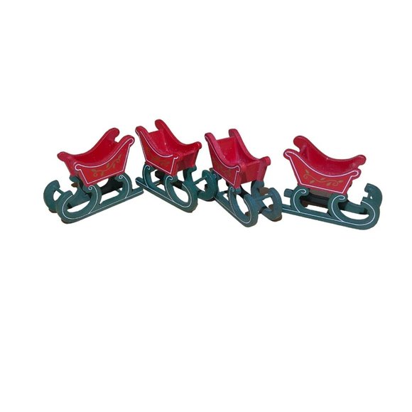 Reed VTG Christmas Sleigh Centerpiece Decor Set of 4 Red Green 4”x 1.5” Taiwan - Picture 1 of 7